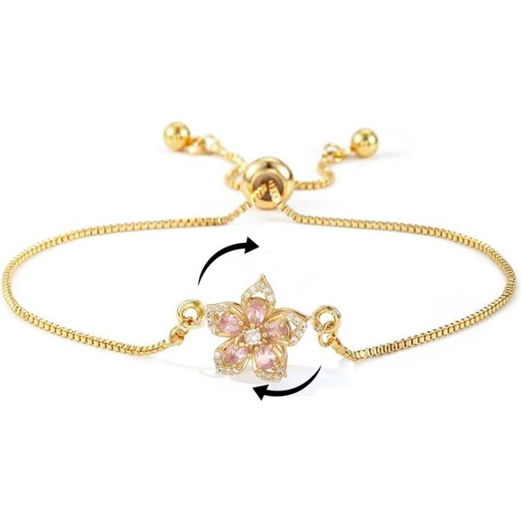 Women's Gold Pink Flower Three Piece Set Adjustable Crystal Pendant Necklaces - Picture 5 of 7